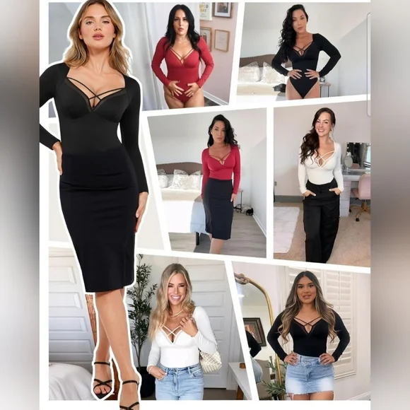 Popilush Women's Longsleeve Red V Neck Shapewear Tummy Control Bodysuit Size XXL - Picture 4 of 10